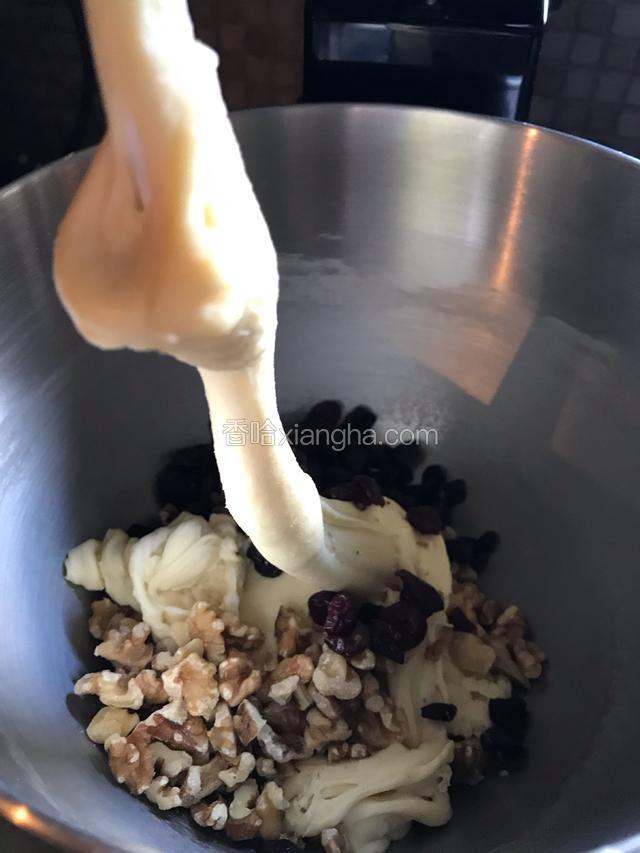 厨师机开一档揉面2分钟，这时候加入黄油开二档揉面，直至揉到能拉出厚点的膜，加入葡萄干核桃仁继续揉到果仁与面团融合，葡萄干提前用清水冲洗干净，用油纸吸干水分