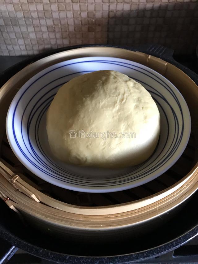 揉好的面团取出放进大点的容器中，锅中倒入适量热水，放入蒸笼，把面团放入锅中盖上锅盖发酵至原来两倍大