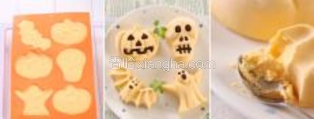 倒入模子中（用裱花袋更加方便），入冰箱冷冻过夜。拿出直接脱模。巧克力隔水融化，装入裱花袋中，挤在眼睛嘴巴的位置即可。 *直接吃是冰淇淋的口感，脱模后放入冷藏1小时后再吃便是慕斯口感。