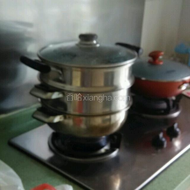 锅上火将水烧开，把压实的容器放到锅里，大火蒸15～20分钟即可（根据容器的高度而定）。