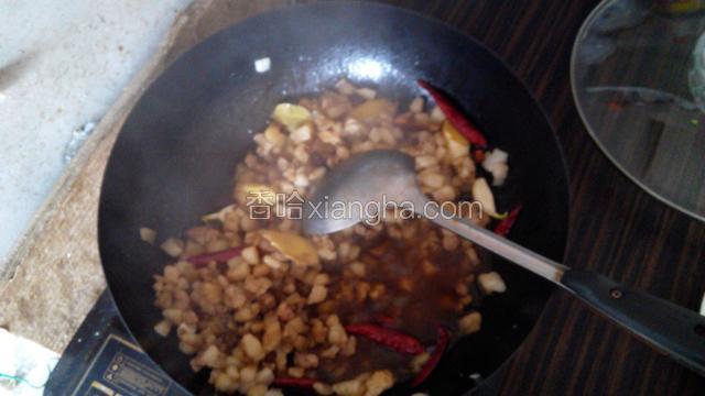 放入醋，料酒，老抽，十三香翻炒