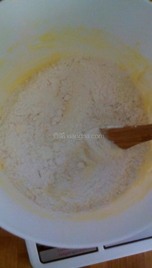 筛入搅拌均匀的粉类（低粉，泡打粉奶粉）翻拌匀，不要划圈，以免起劲，影响酥脆。