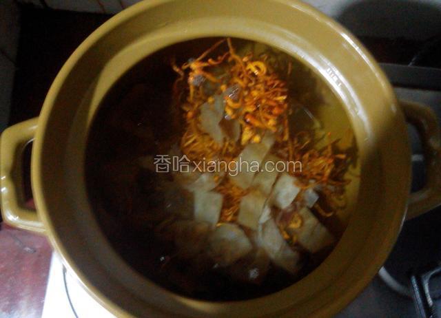 取沙煲一个,倒七成水,放入鱼鳔、龙眼干、虫草花,开大火,水开,小火煲半个小时.