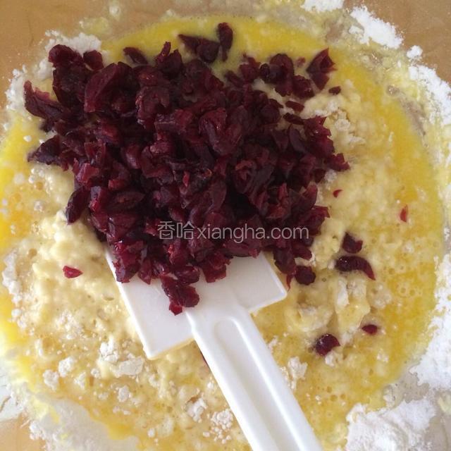 粉类倒进液体中，快速翻拌，差不多时再倒入蔓越莓干继续翻拌，至无干粉即可；