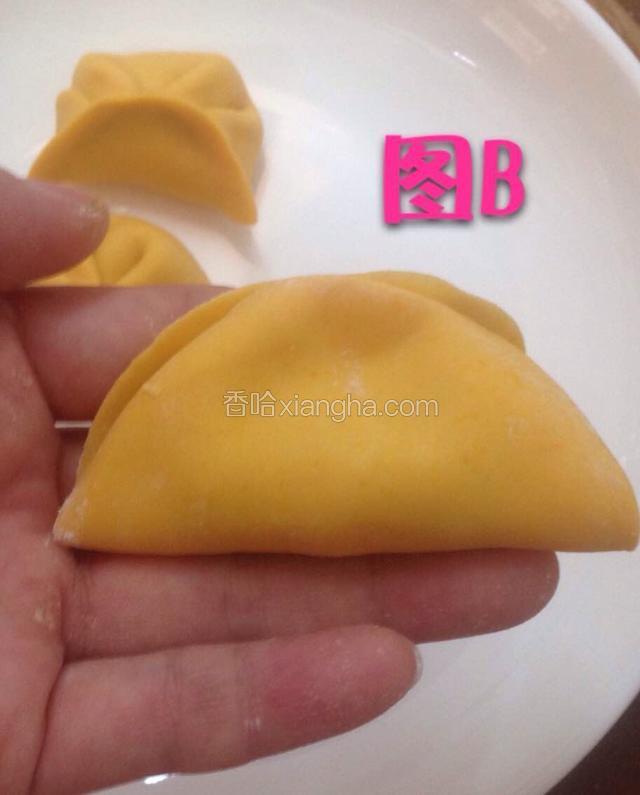 如图所示。
把饺皮对折后中间部分捏紧