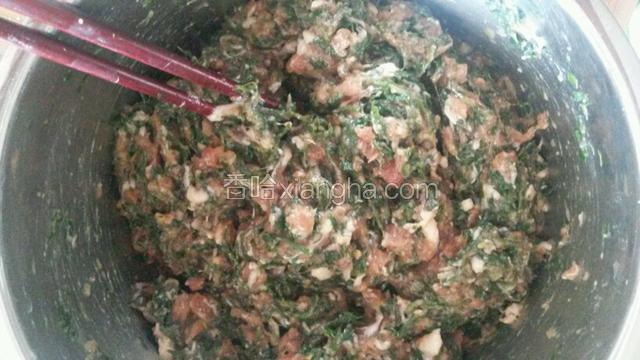 肉馅+ 适量糖、盐、生抽、淀粉、胡椒粉，按顺时针搅拌均匀，再加荠菜馅，搅拌均匀
