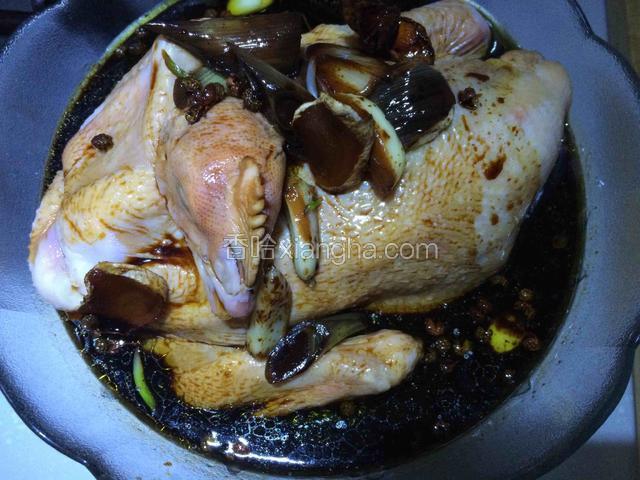 料汁晾凉后倒在大碗里，浸泡三黄鸡；