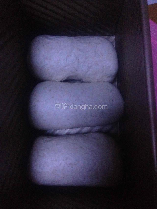取一份擀成长舌状，从上往下卷起，放入吐司模。