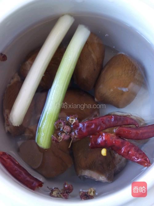 腊排和上面的辅料一起放电炖锅里加上水（如图）