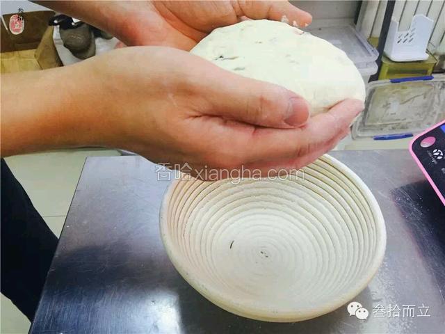 7. 将面团分割成450克/个，揉圆，放入晒好面粉的发酵篮内。