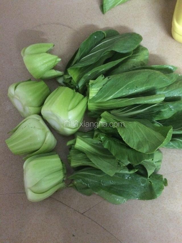 青菜洗干净，然后如图切段菜梗和菜叶…