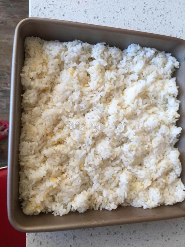 米饭平铺在烤盘里