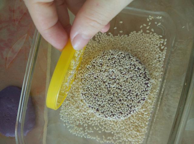 用容器装上白芝麻，放入紫薯饼，轻晃盆，让紫薯粘满白芝麻，在用盖子轻压下，让白芝麻贴的紧些