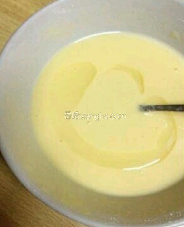 搅拌成这个样子，加半勺油。注意：低筋面粉和牛奶看着加，搅拌到面糊呈 湿糊状！不要过度搅拌，会出筋哒。加不加油看你的锅粘不粘