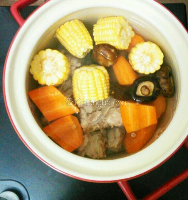 煲中用饭碗量5碗清水；倒入所有食材，开火煲到水开，转小火再煲半小时左右即可