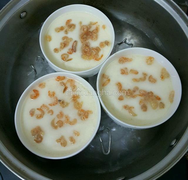 蛋液蒸到4分钟左右撒上虾仁，继续蒸4分钟即可关火，淋少许香油酱油即可使开食。