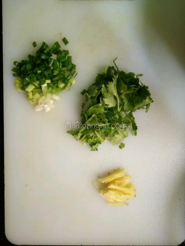 鱼片，葱，香菜，姜洗干净。鱼片放盘里。把葱，香菜，姜切一段段的。