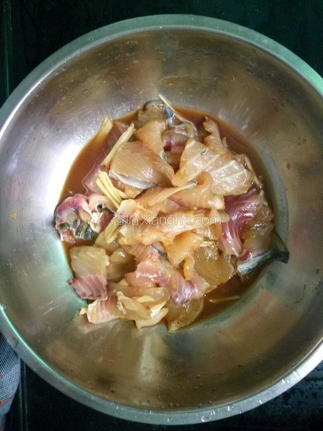姜放鱼片盘，加盐，酱油，蚝油一起搅拌，腌制。