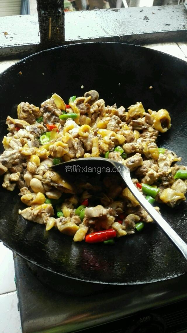 然后鸡块。倒进去炒。然后下辣椒。郫县豆瓣。继续翻炒