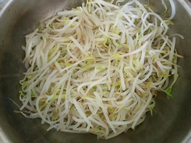 锅中烧水，水开把绿豆芽 金针菇汆烫2分钟，出锅放入容器