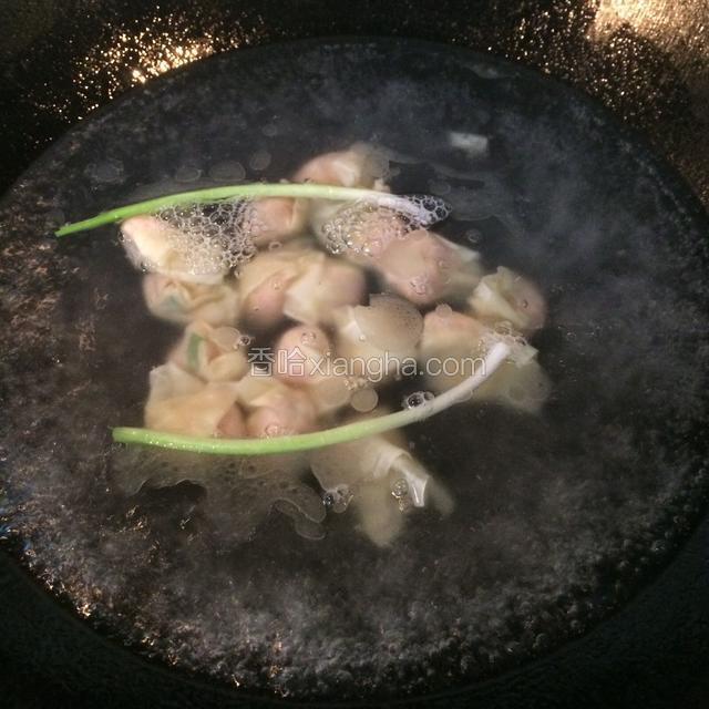 然后放入葱段，倒入一小勺盐，把水煮开，倒入云吞大火煮