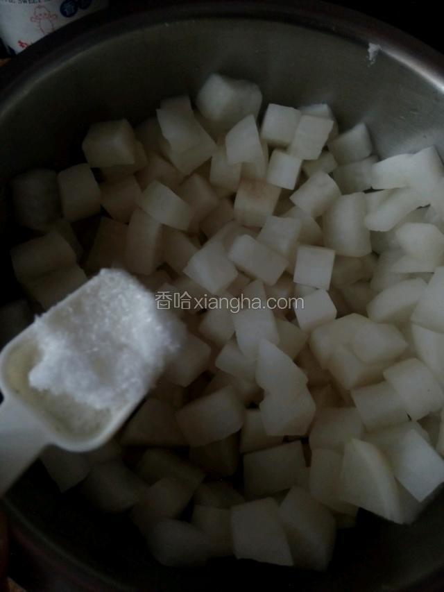 然后萝卜里面加盐，腌制30分钟左右，萝卜会出些水，将腌出来得水倒掉
