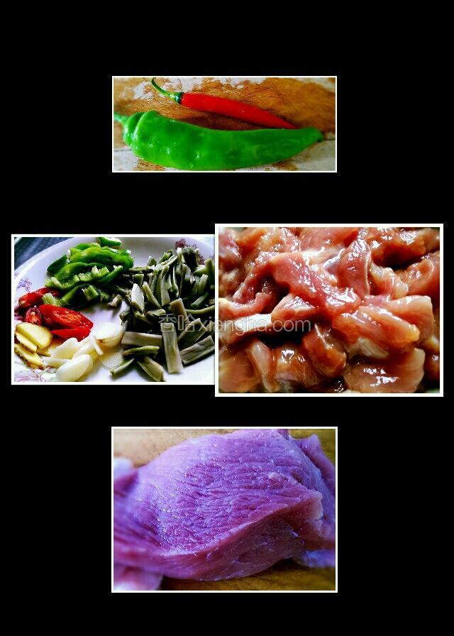 将各种食材如图切好，把肉片用生抽、料酒、盐、油腌10分钟。