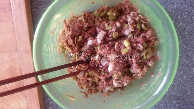 新鲜牛肉馅放上面食材的用料拌匀备用