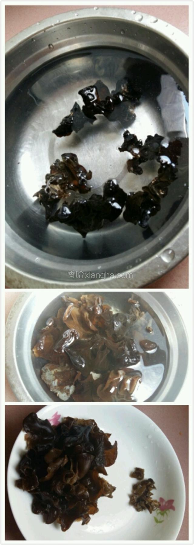 黑木耳用清水浸泡，泡发后洗净，去芥蒂，撕成小朵，装盘备用。