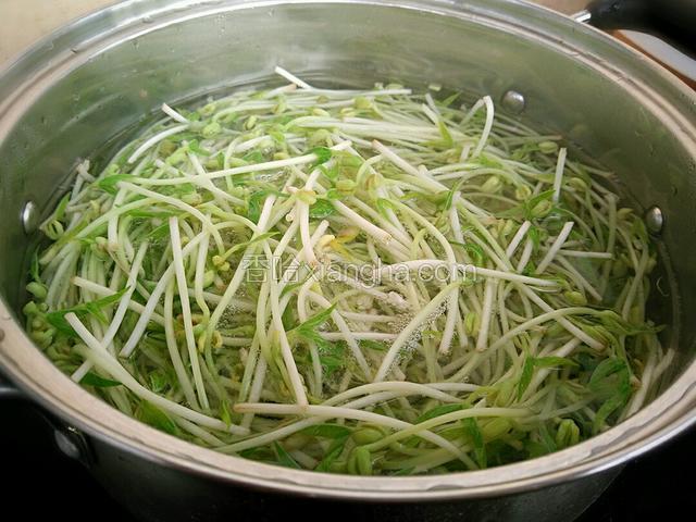 将锅里的水烧开后放入绿豆芽焯水1分钟左右