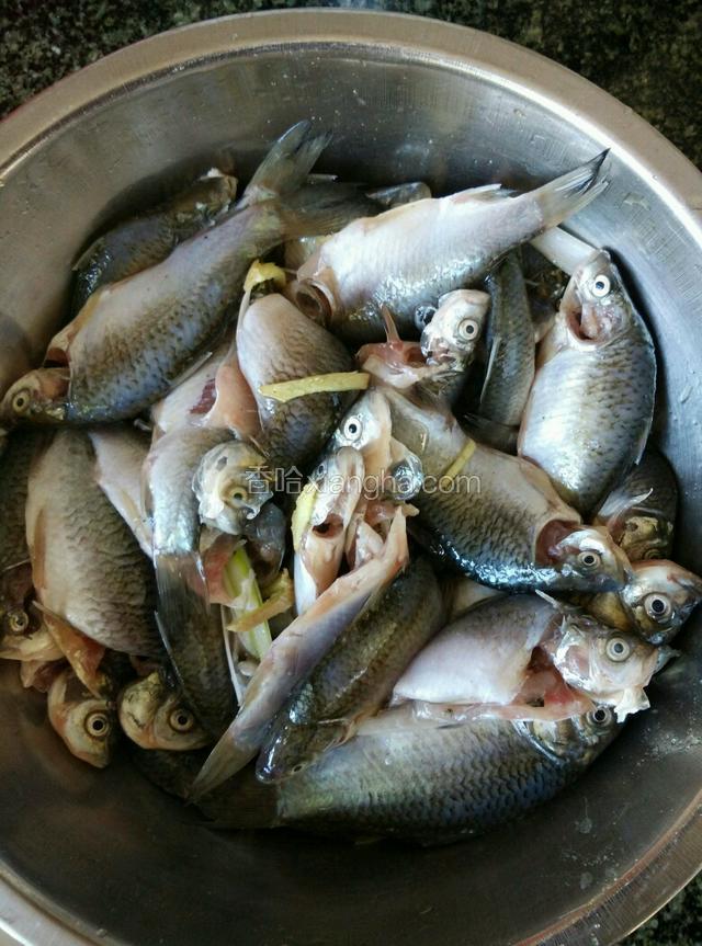 把切好的葱段，姜丝和几勺料酒，再放一些盐和鱼搅拌匀，腌制三十分钟左右