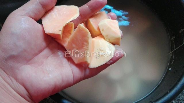把洗好的米放入锅，倒入一水勺半水，再放入洗好的地瓜
