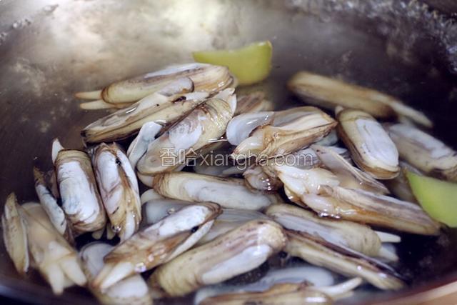 煮一锅清水,加一勺料酒和几片姜煮沸,将蛏子焯至张壳迅速捞出沥水。这个时间很短,要及时捞出。