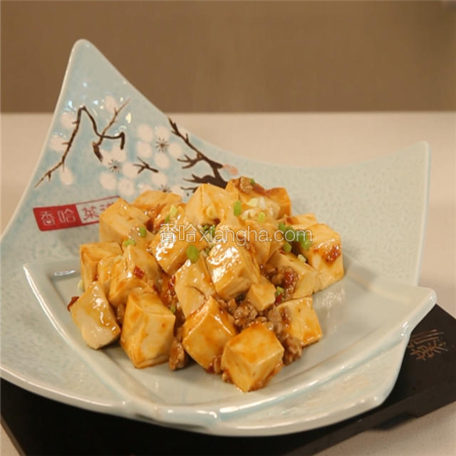 出锅装盘，撒葱花，一道美味可口，色香味俱全的麻婆豆腐就这样展现在大家面前了。