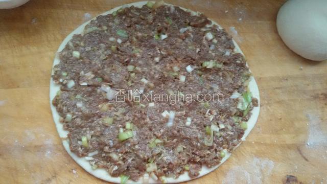 用擀面杖擀成大面皮，抹上适量的羊肉大葱馅