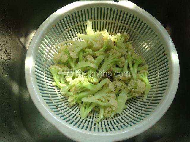 将抄完水的有机花菜倒入筛网里，先过一遍凉水再滤干