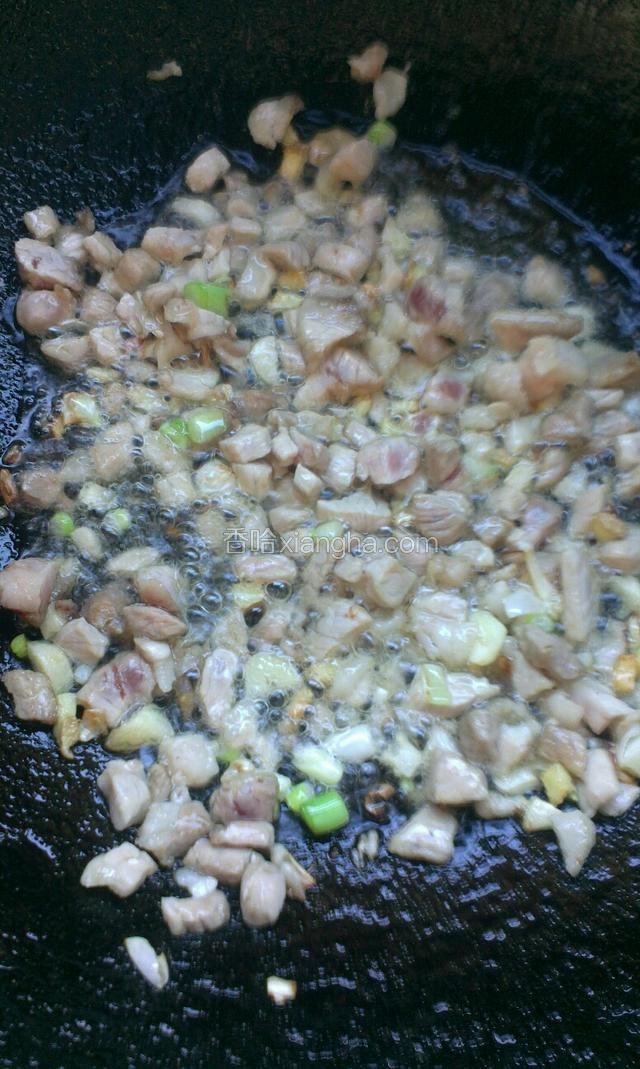 热锅到油，放葱姜蒜爆香，放肉煸熟，到一小勺味极鲜，一点盐