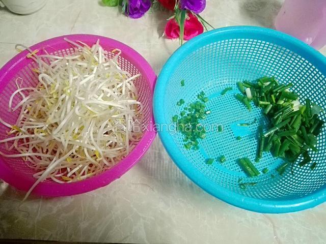 豆芽洗干净，葱洗干净切段，切点少葱花。