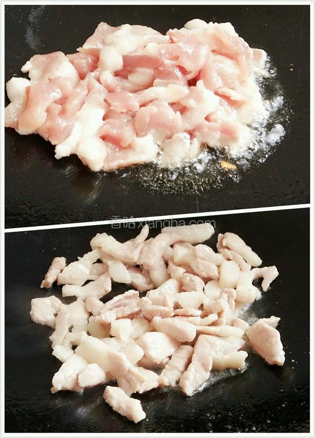 把煮花菜的水倒掉，锅抹干。锅热，倒适量花生油。油五成热，放猪肉进去，翻炒至肉变色。滴少许酱油，略炒下。