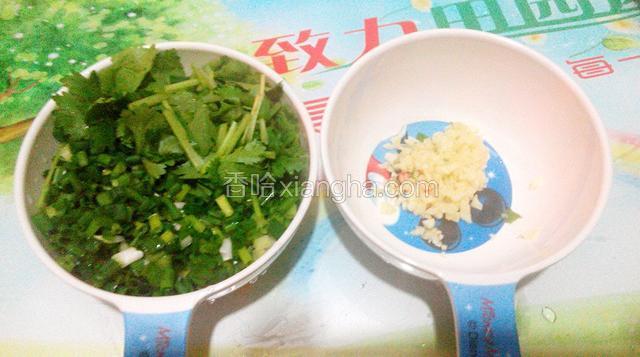 葱切葱花,香菜切碎,蒜头剁成蒜沫.