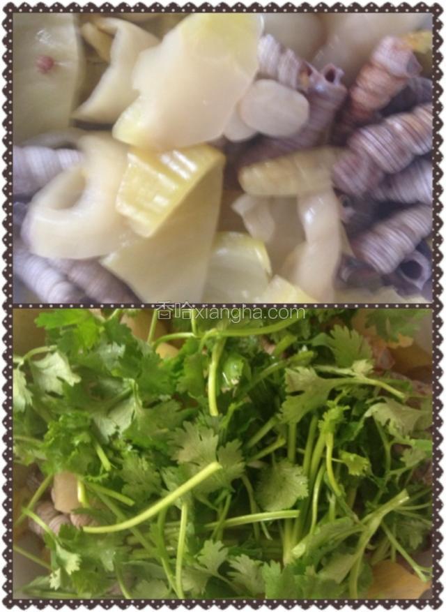把钉螺和酸菜捞起装盘，在上面撒上香菜