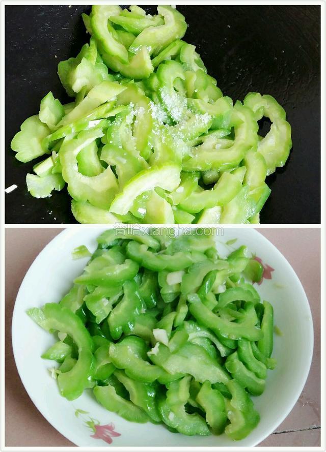 放半勺盐，翻炒圴匀。盛出装盘备用。