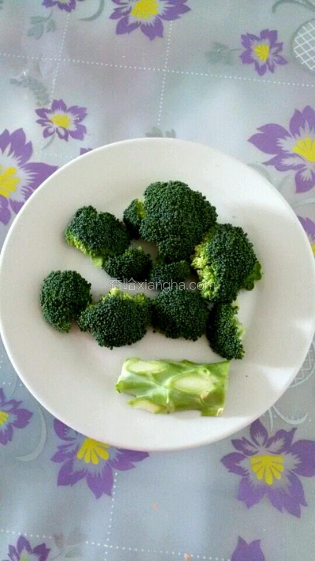 西兰花用刀小心切下，每朵花尽量要完整些，西兰花梗切成薄片