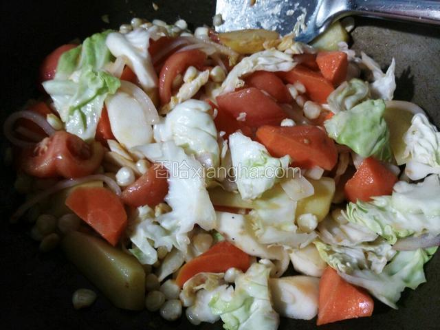 依次放入西红柿，山药，圆白菜炒一会儿，加入适量的水。煮开。