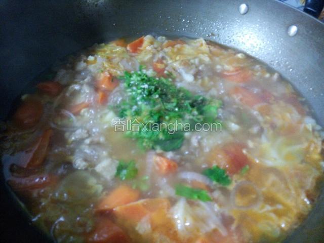 加入图四煮开后，关小火煮5-10分钟。放入香菜，盐巴，黑胡椒粉即可。