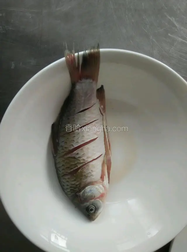 把鱼弄好，洗净，并且在鱼肚上面切3～5刀纹，以便入味（刀纹不可太深，以免把鱼切断）