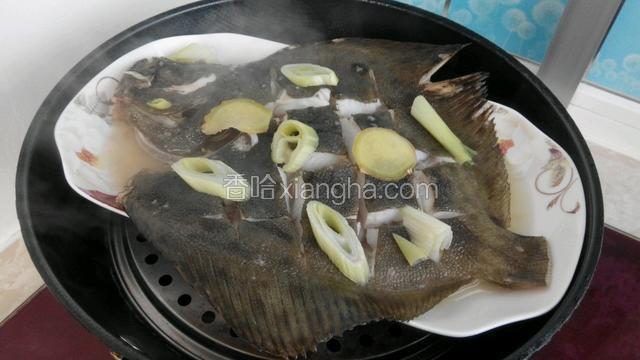 锅中添水烧开后放入多宝鱼蒸十分钟左右，把葱姜挑出去掉，倒掉盘中汤汁。