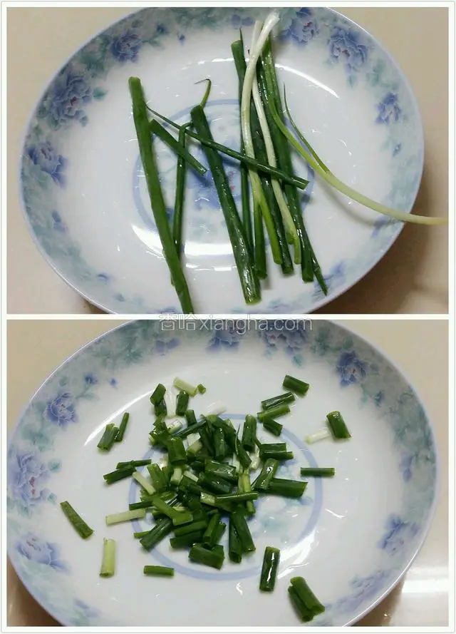 葱摘掉头，末端的黄叶子。择断，洗干净后切成葱花。