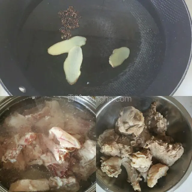 汤锅加清水，放入生姜片、花椒粒。羊肉用清水洗净，冷水下锅煮。不断撇去血沫，直到羊肉全部变色。将焯好的羊肉捞出备用