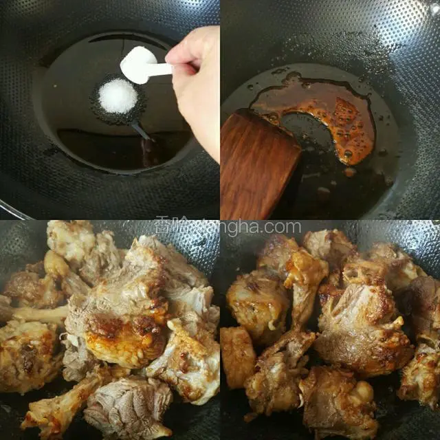 炒锅放油烧热，放入白砂糖炒出糖色，待糖色呈褐色，并冒泡时倒入羊肉翻炒，让羊肉充分裹上糖色